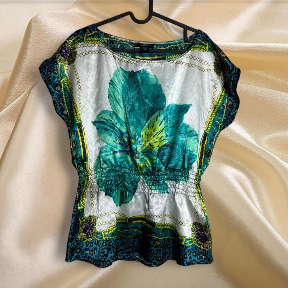 Feathers Satin Floral Scarf Print Top Smocked Waist Cap Sleeve Boho Teal M